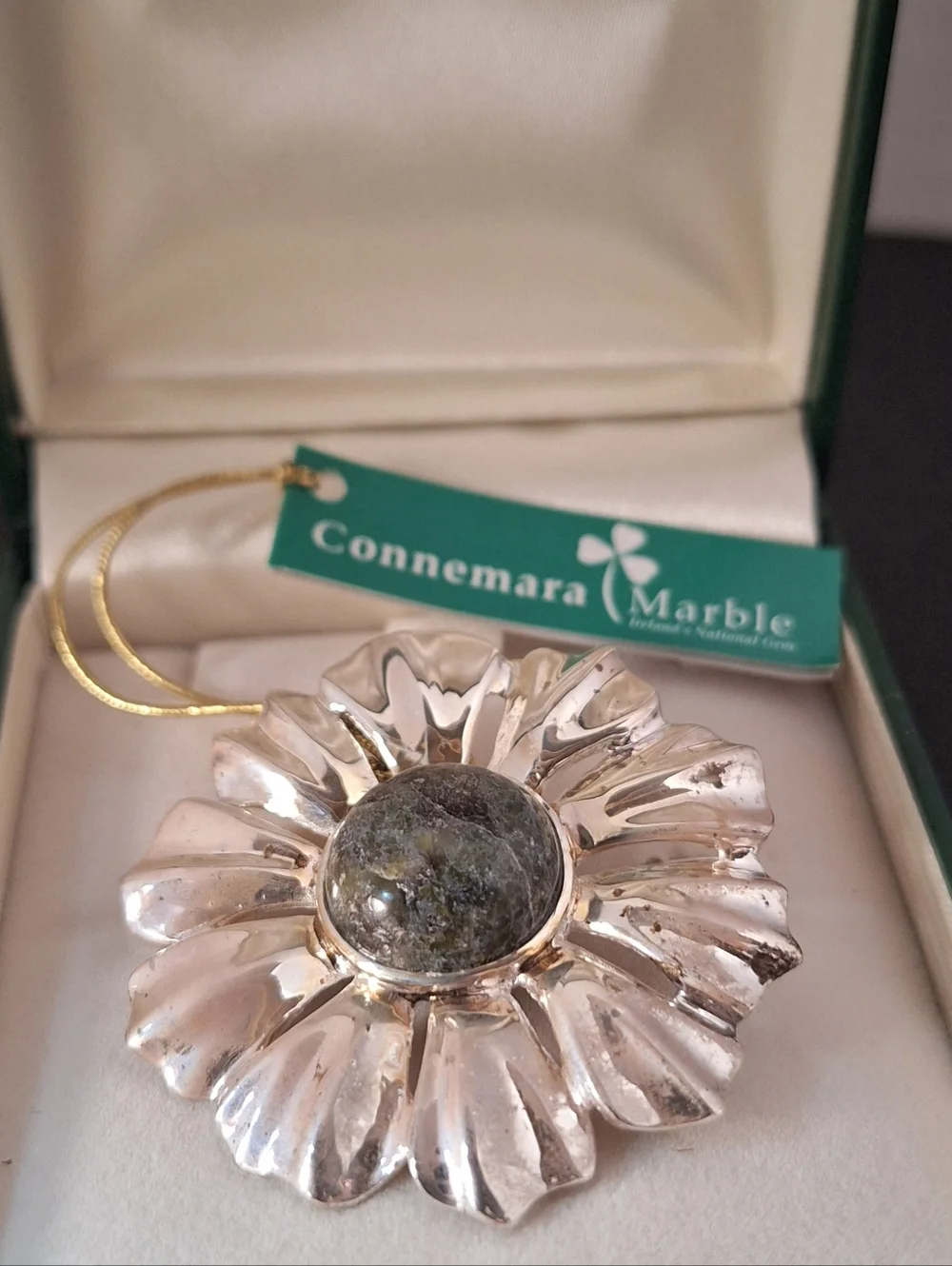JC Walsh & Son Connemara Marble Silver Flower Pendant - Green Center